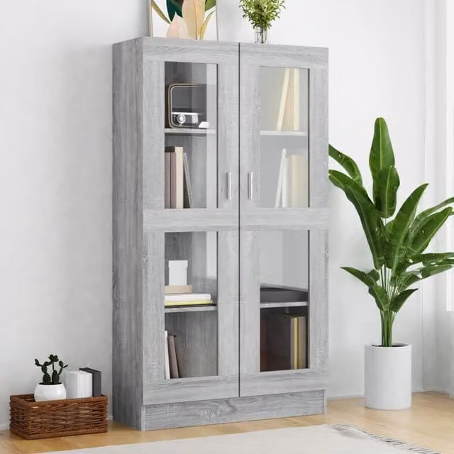 Berkfield Home Vitrine Cabinet in Grey, featuring Glass Doors and Internal Shelves, W/D/H: 82.5 x 30.5 x 150 cm – 1