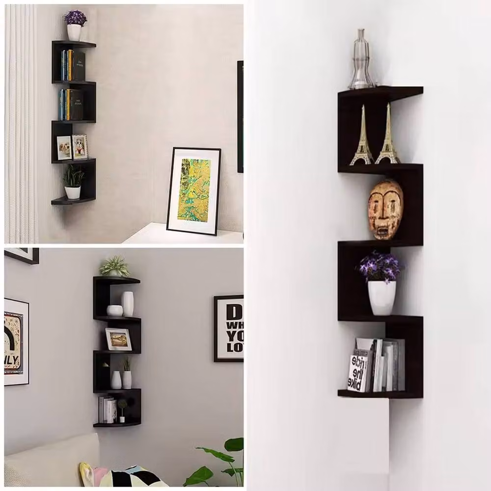 FORGEVIO 5 Tier Black Wooden Floating Corner Shelves for Wall Mounted Storage and Display – 4