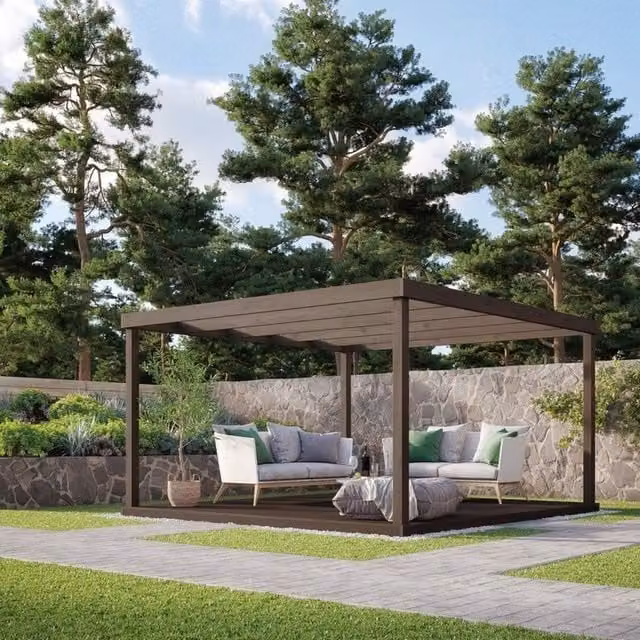 Rutland County Garden Furniture Ltd Box Pergola and Decking Kit in Brown Wood with Light Green Accents, W: 480 cm, D: 480 cm
