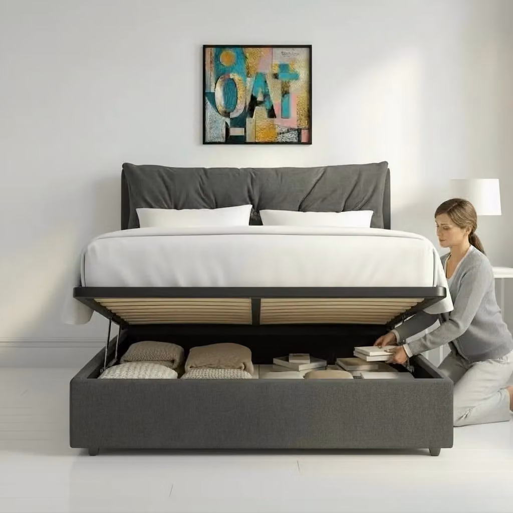 OAT Home Prestbury Upholstered Ottoman Storage Bed Frame with Pillow Headboard in Anthracite Grey, W/D/H: 140 x 200 x 145 cm – 2