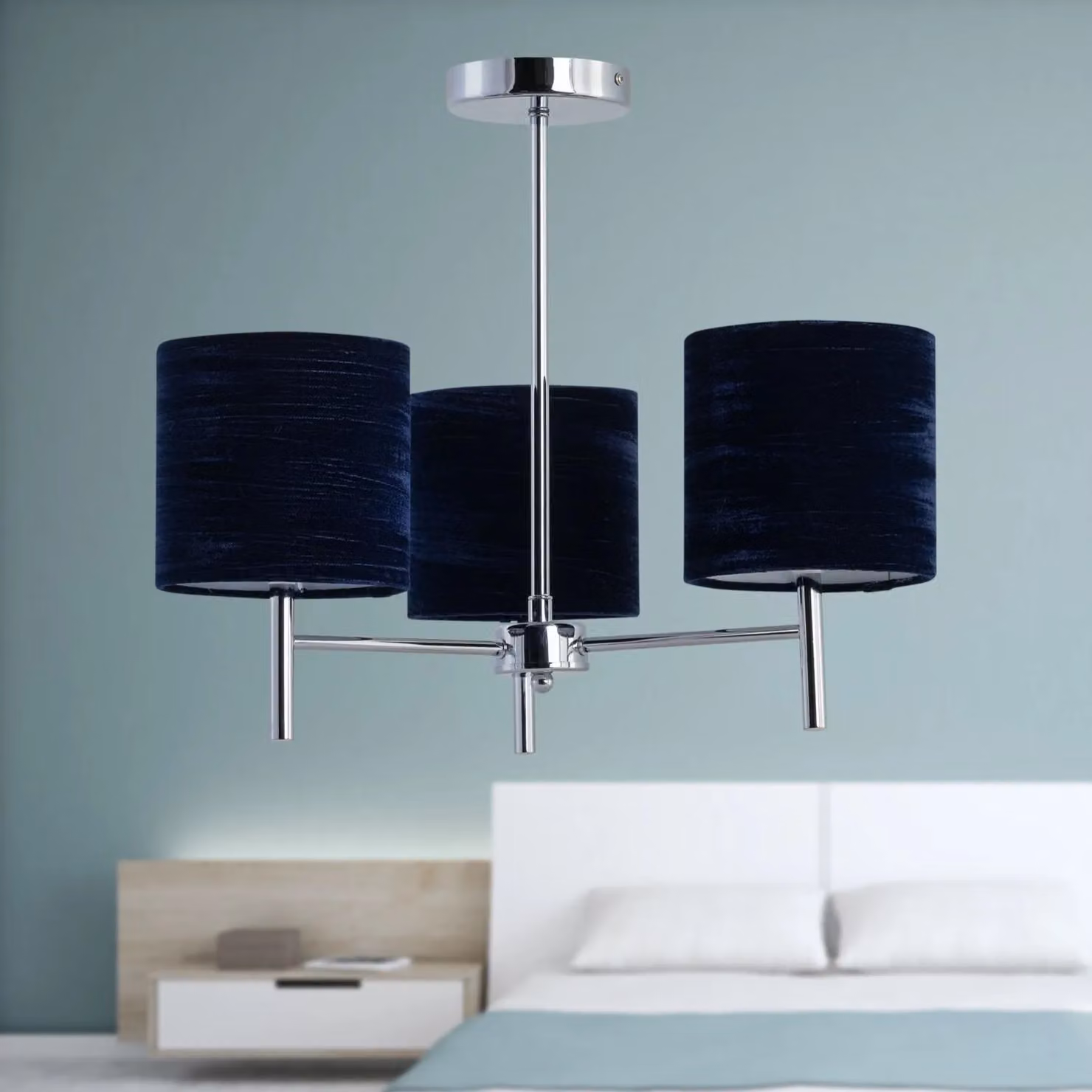 First Choice Lighting Brea Chrome 3 Light Ceiling Fitting with Blue Fabric Shades – 3