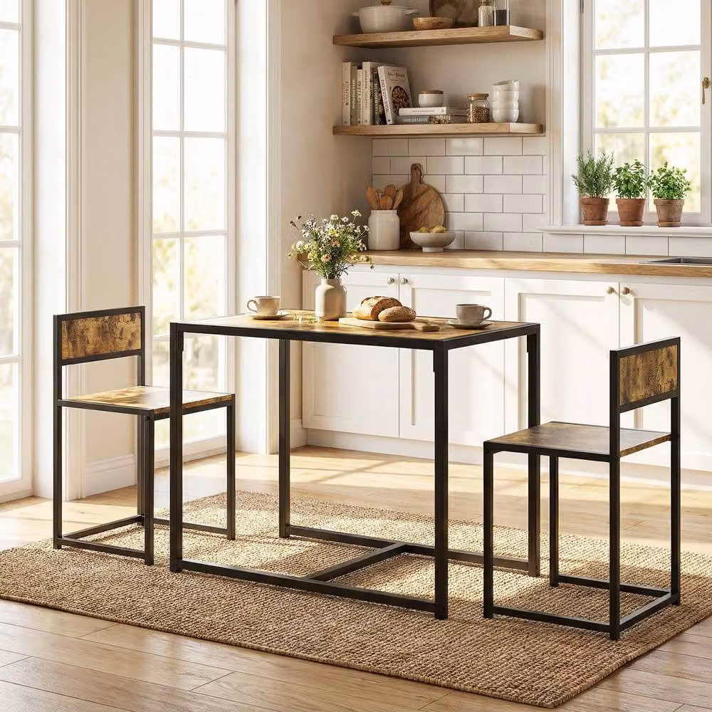 STILVORA Table and 2 Stools Set with Steel Frame in Rustic Dark Brown – 3