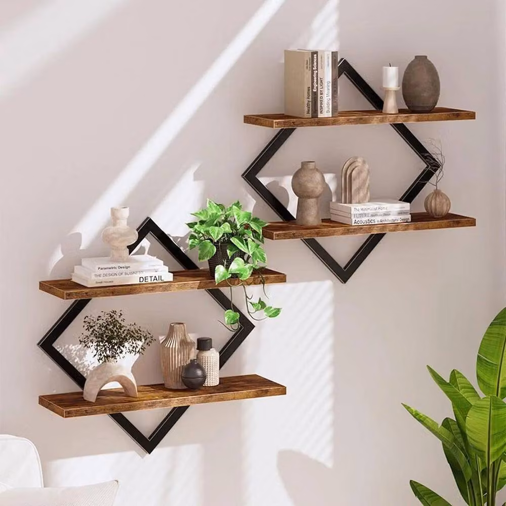 FORGEVIO 4 Pack Geometric Industrial Floating Wall Shelves in Matt Black Metal and Wood – 3