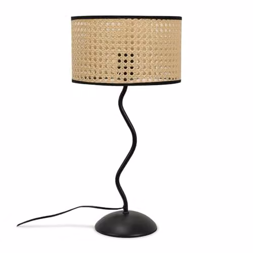ValueLights Black Metal Wavy Table Lamp with Rattan Trim Shade and 4W Warm White LED Bulb