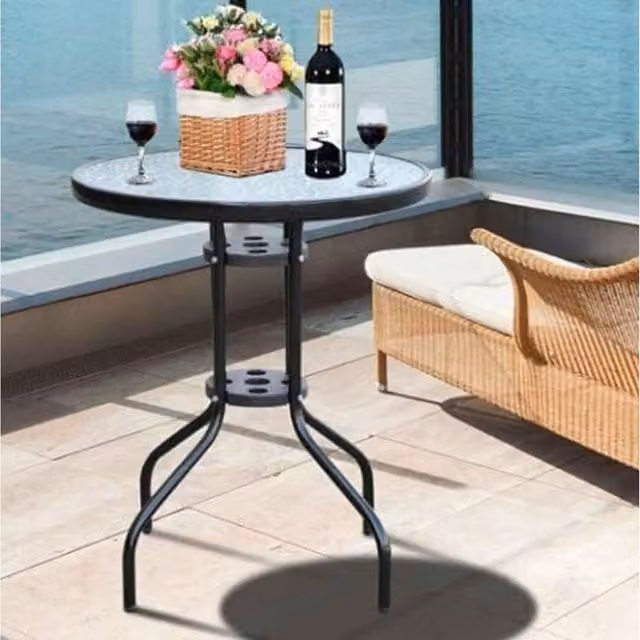 Garden Mile Classic Round Glass Garden Table with Metal Frame in Black