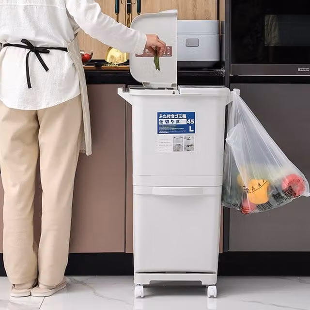 Lifeideas White Plastic Three-Compartment Double-Layer Trash Bin with Flip Lid and Wheels