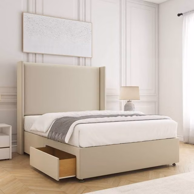 BSSPOKE Austin King Size Divan Bed Set with 2 Drawers, 54 inch Headboard and Mattress in Cream Plush Velvet