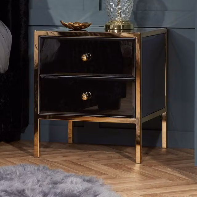 Birlea Fenwick 2 Drawer Bedside Table in Black and Gold with Glass Top