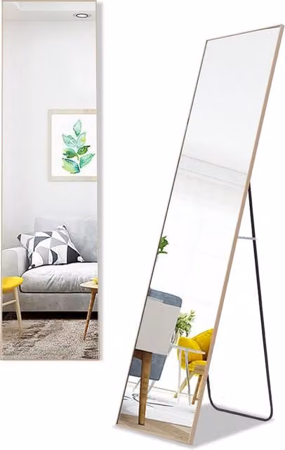 Kidkid Modern Rectangular Freestanding Hanging Mirror in Gold Metal and Glass