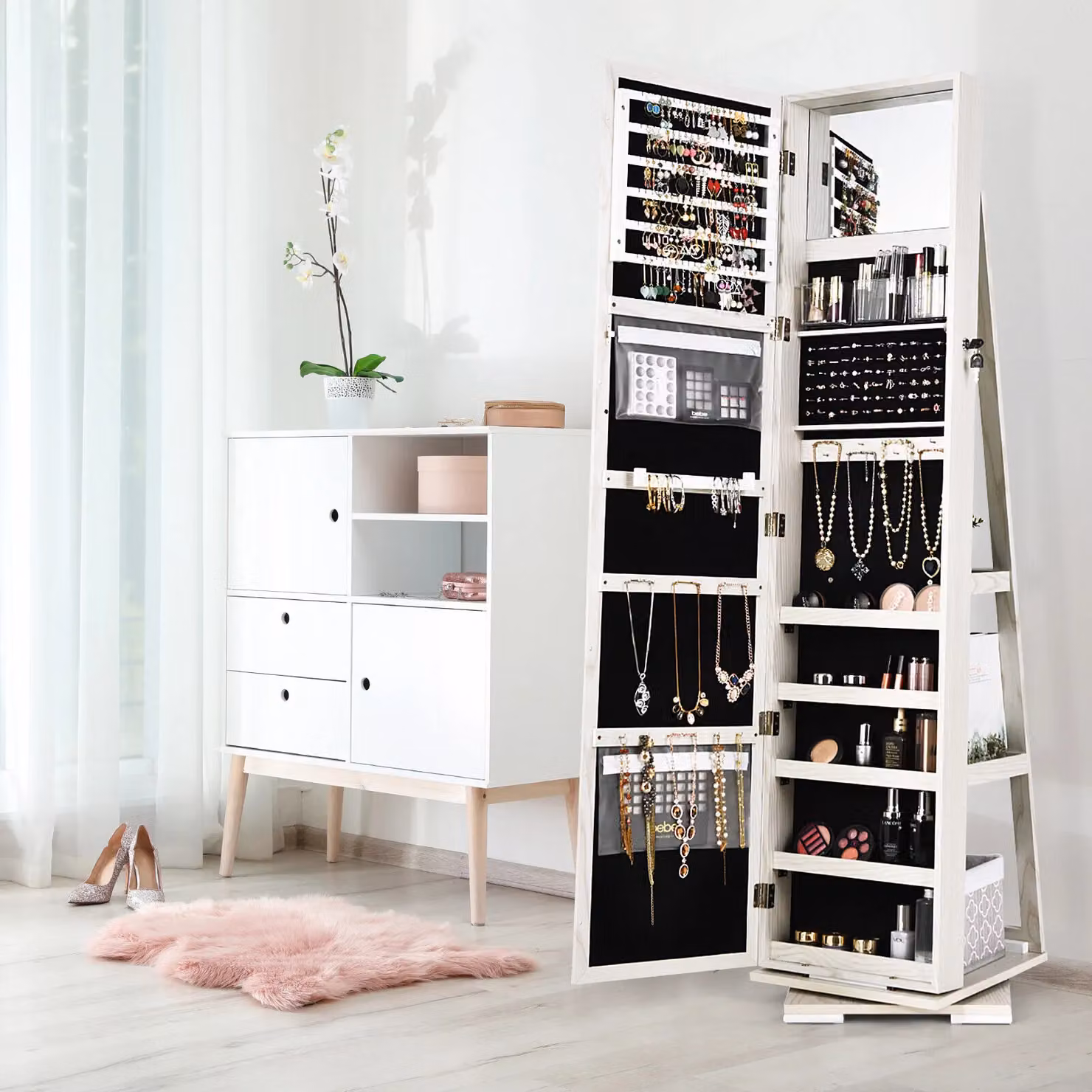Costway 3-in-1 Rotating Mirrored Jewelry Armoire and Large Capacity Makeup Organizer in White – 2