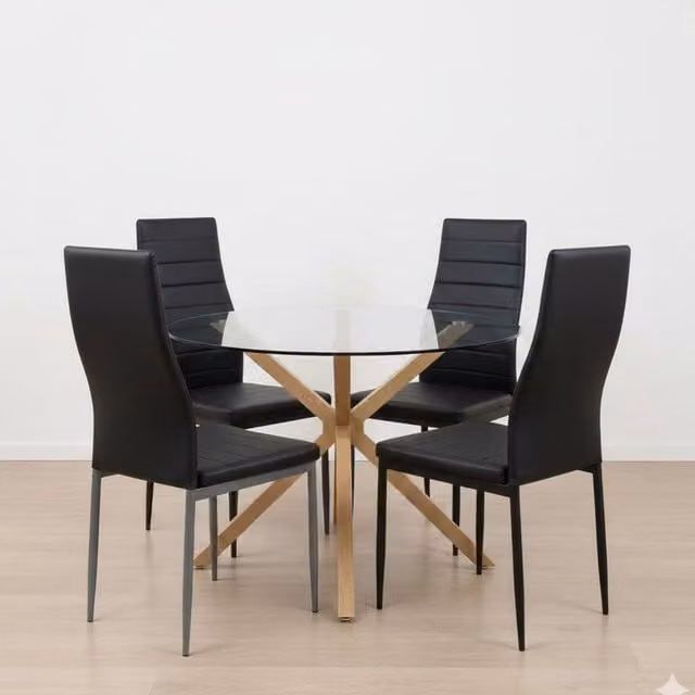 Kosy Koala Round Glass Dining Table Set with 4 Black Faux Leather Chairs – 1