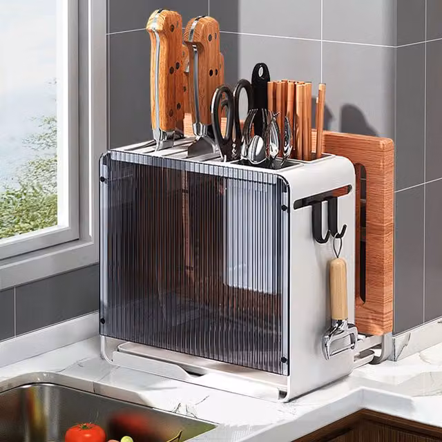 Livingandhome Acrylic Knife and Utensil Holder with Drain Tray, White and Transparent, Height: 17 cm