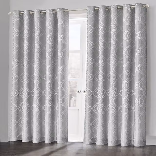 Velosso Modern Graphic Jacquard Eyelet Curtain Pair in Grey