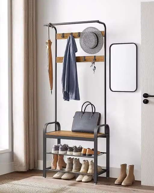 VASAGLE Industrial Hall Tree with Shoe Bench, Hooks and Clothes Rail in Bronze