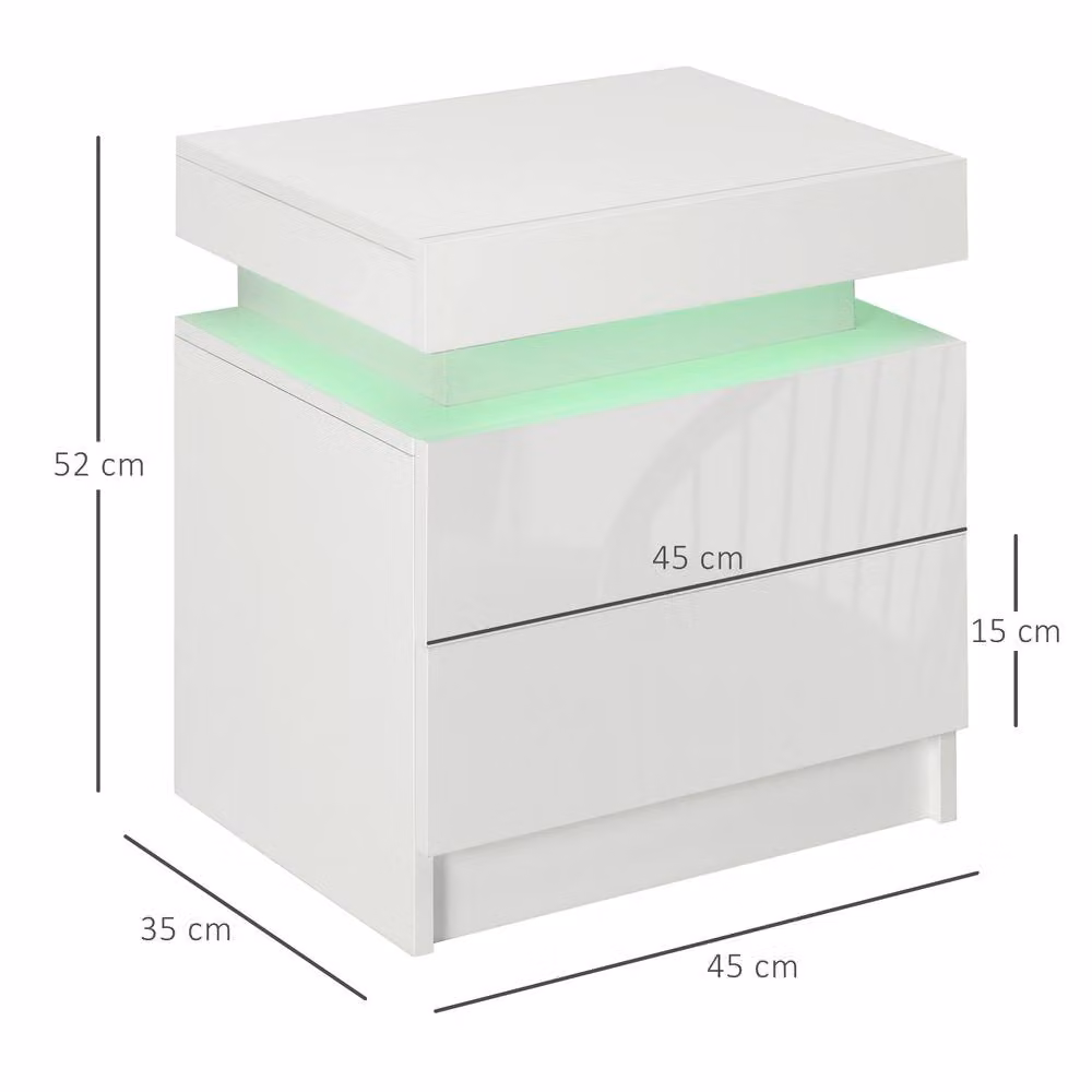 STILVORA White Glossy Bedside Table with 2 Drawers and Integrated LED Lighting – 3