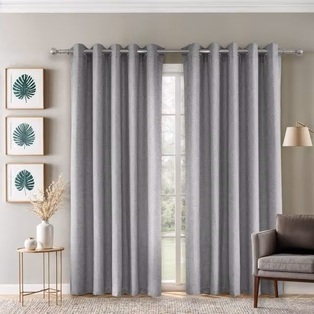 New Edge Blinds Amaranth Geometric Eyelet Curtains in Grey, Width: 116 cm, Drop: 137 cm