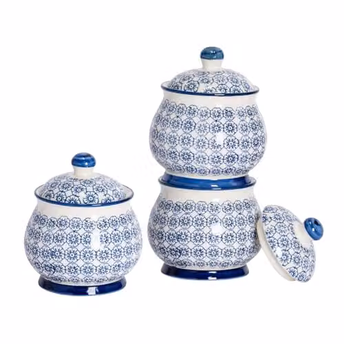 Nicola Spring Floral Patterned Porcelain Sugar Bowls with Loose Lids, Blue, Pack of 3 – 1