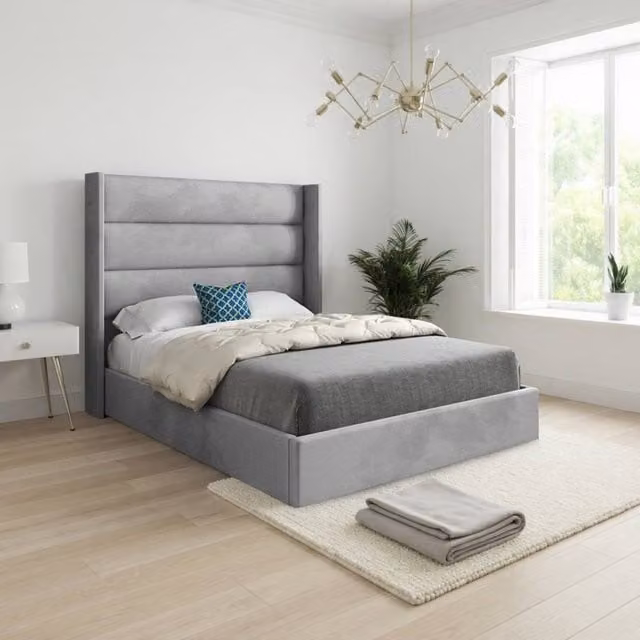 KDMD Shipbourne Winged Upholstered Designer Bed Frame in Grey Velvet, W/D/H: 180 x 200 x 159 cm – 1