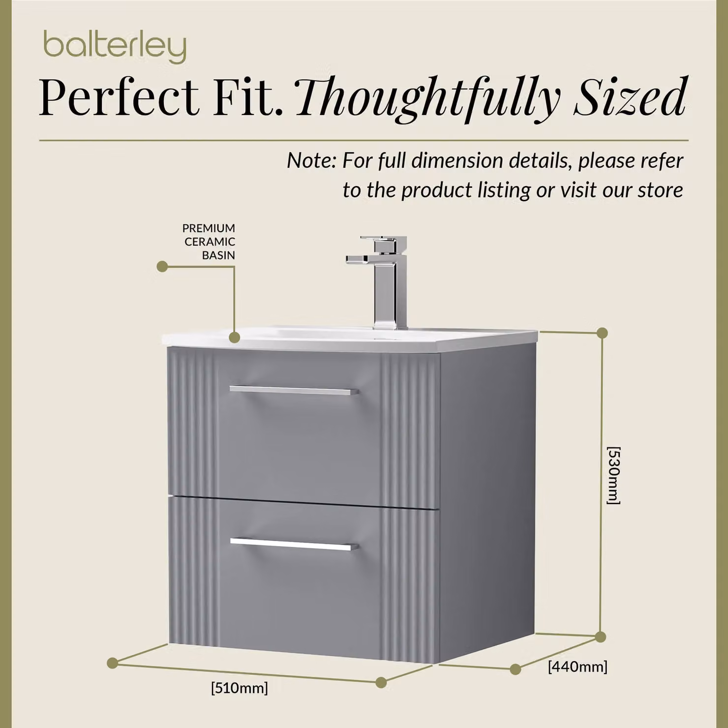 Balterley Wall Hung 2 Drawer Vanity Unit with Curved Basin, Satin Grey, Width: 50 cm – 4