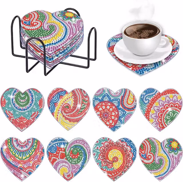 Syntego Pack of 8 Mosaic Heart Diamond Art Coasters in Multicolour and Yellow
