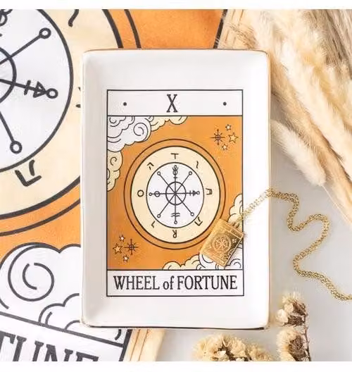 KDMD The Wheel of Fortune Vintage Tarot Ceramic Trinket Dish in White and Gold