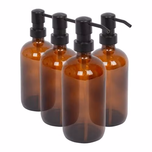 Harbour Housewares Amber Glass Soap Dispensers, Pack of 4, 500ml Refillable Bottles with Black Pumps – 1