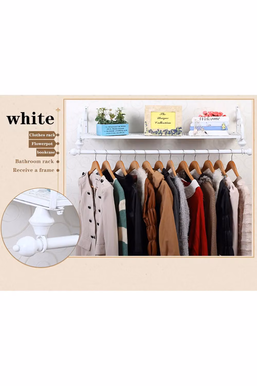 Living and Home White Lacquered Metal Wall Mounted Clothes Garment Rack and Shop Display Shelf, W: 60 cm, H: 28 cm, D: 28 cm – 2