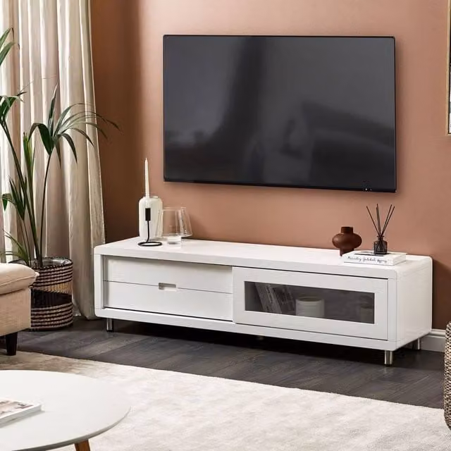Wyld and Coco High-Gloss White TV Stand with Sliding Door and 2 Drawers