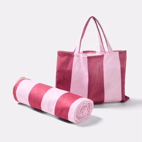 OHS Striped Microfibre Beach Towel for Adults in Burgundy and Pink, W: 75 cm, L: 215 cm – 2