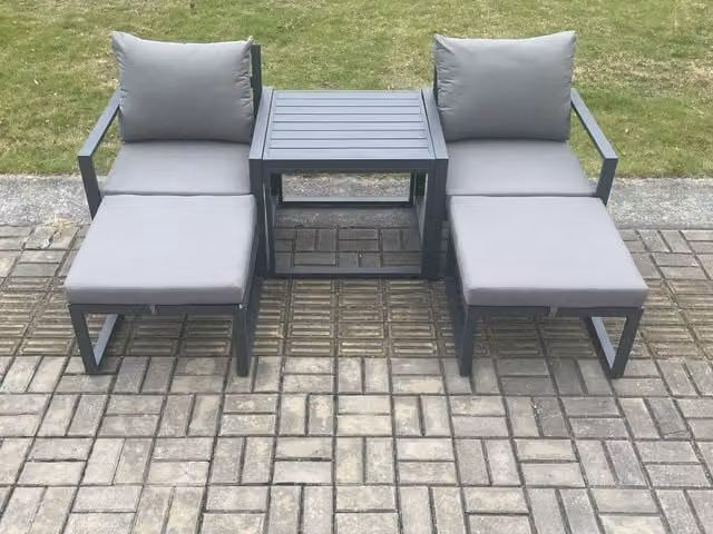 Fimous 5 Piece Powder Coated Aluminium Garden Furniture Set in Dark Grey with Lounge Armchairs, Ottoman, Coffee Table and Cushions