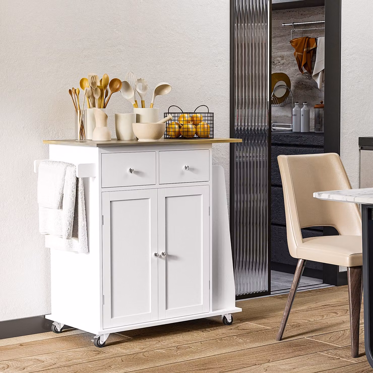 HOMCOM Kitchen Island Storage Cabinet Rolling Trolley with Rubberwood Top, 3-Tier Spice Rack and Drawers, White – 2