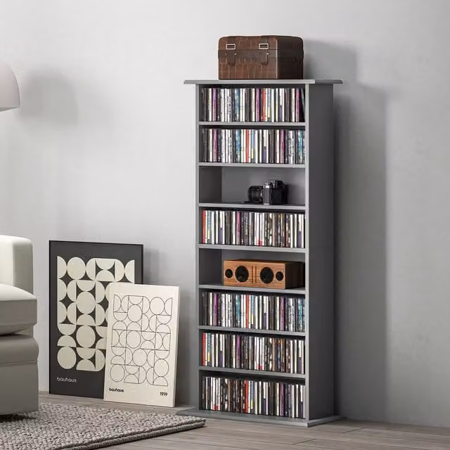 HOMCOM Grey CD and DVD Storage Unit with Adjustable Shelves and Media Compartments