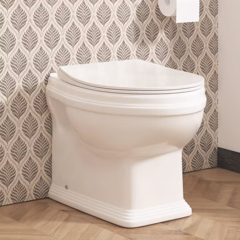 Royal Bathrooms Elmore Short Projection Traditional Back To Wall Rimless Round Toilet with Slim Soft Close Seat, White