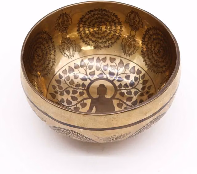 KDMK Gold Tibetan Healing Engraved Metal Bowl with Bodhi Tree Buddha Design, Diameter: 16 cm