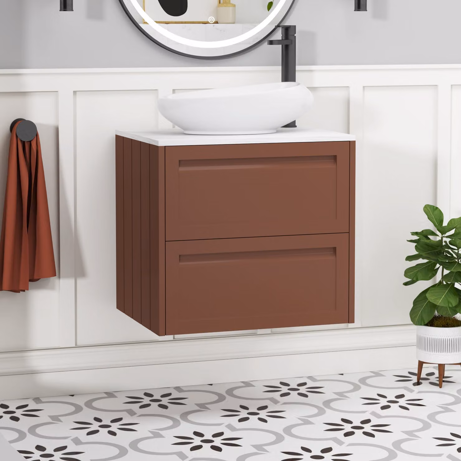 Royal Bathrooms Elmore 600mm Terracotta Clay Wall Hung 2 Drawer Vanity Unit with Nova Basin