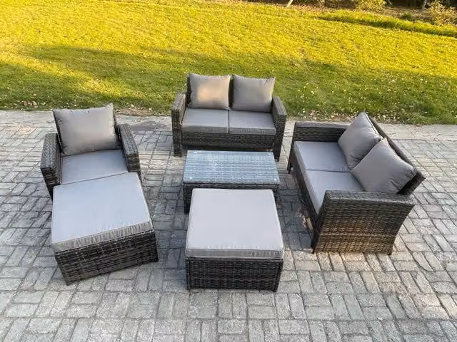 Fimous 7 Seater Rattan Garden Furniture Set in Dark Grey with Coffee Table and Ottomans