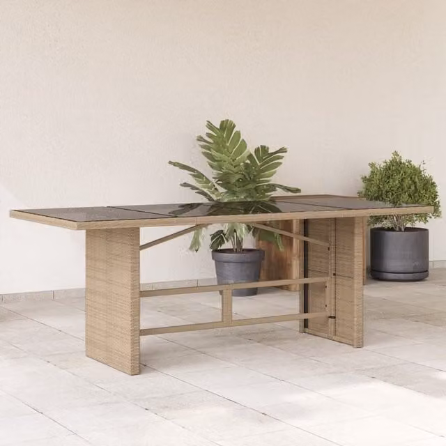 Berkfield Home Modern Poly Rattan Garden Table with Glass Top, Beige, W/D/H: 190 x 80 x 74 cm – 1
