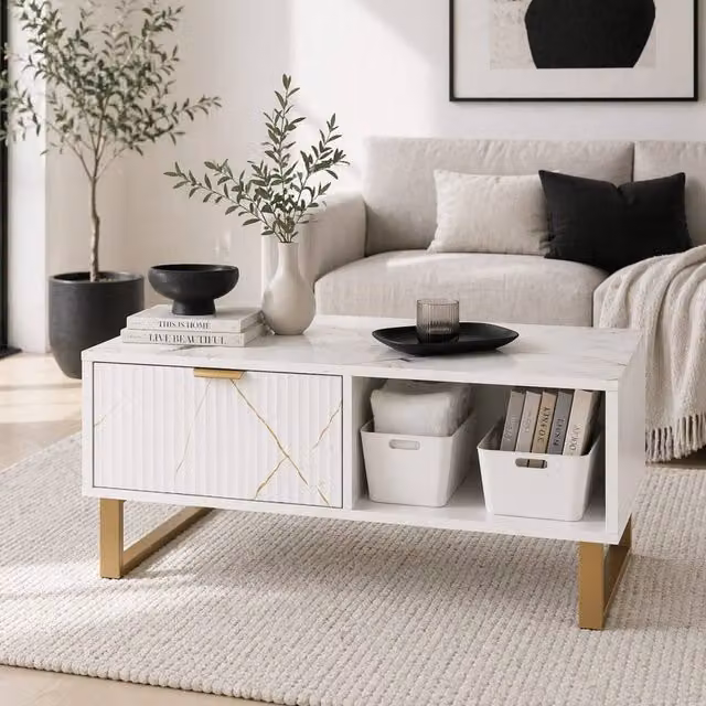 Wyld Haus Lima White Marble Effect Coffee Table with Gold Accents and 2 Storage Drawers, W/D/H: 100 x 50 x 40 cm