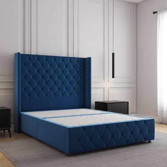 REGIONAL FURNISHINGS Plush Velvet Upholstered Divan Bed with Headboard and Footboard in Blue, W/D/H: 90 x 190 cm
