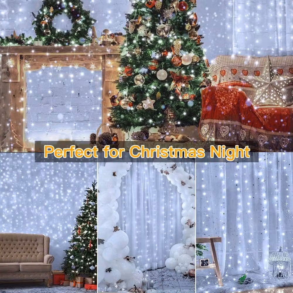 NIVOR White LED Curtain Fairy Lights with 300 LEDs, 8 Modes and Cool White 6500K Light, W/H: 3 x 3 m – 8