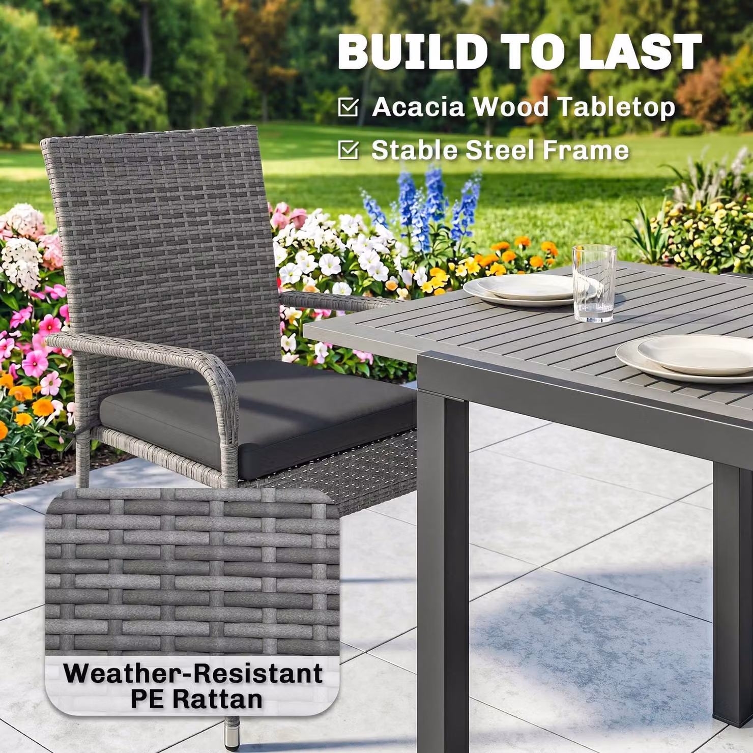 Outsunny 7 Piece Grey Rattan Garden Furniture Set with Extendable Acacia Wood Tabletop and 6 Stackable Chairs – 4