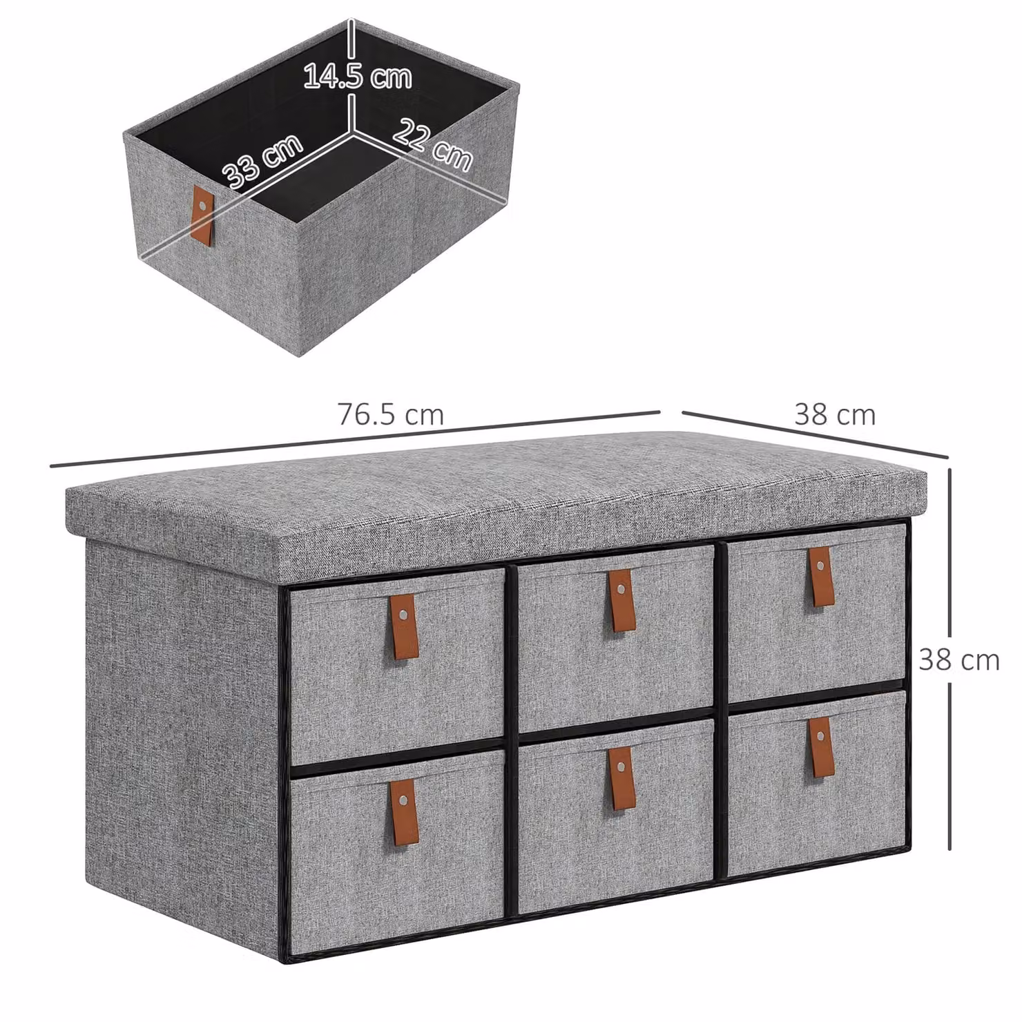 HOMCOM Shoe Bench with Cushioned Fabric Seat and 6 Drawers in Light Grey – 3