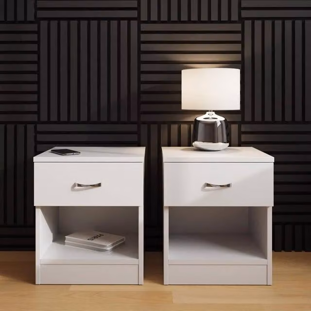 FORGEVIO Set of 2 Matt White Bedside Tables with Deep Drawers and Chrome Metal Accents