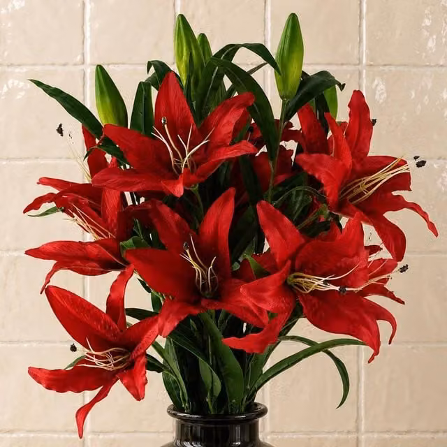 Botanik Leaf Pack of 6 Red Artificial Large Lily Stems with 18 Flowers, Height: 100 cm