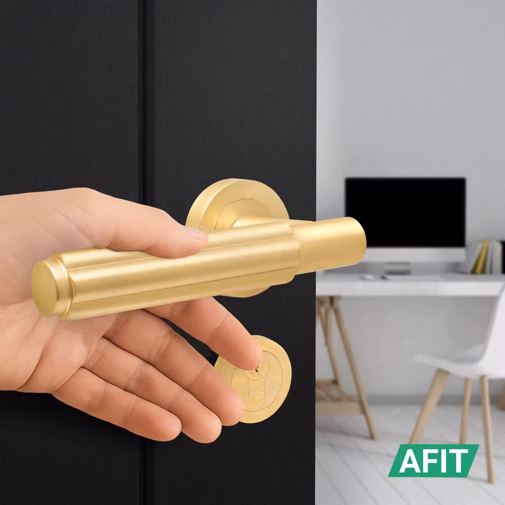 AFIT Gold Brass Fire Door Handle with Euro Lock Thumbturn Cylinder and Hinges Set, W: 15.0 cm x H: 15.0 cm – 3