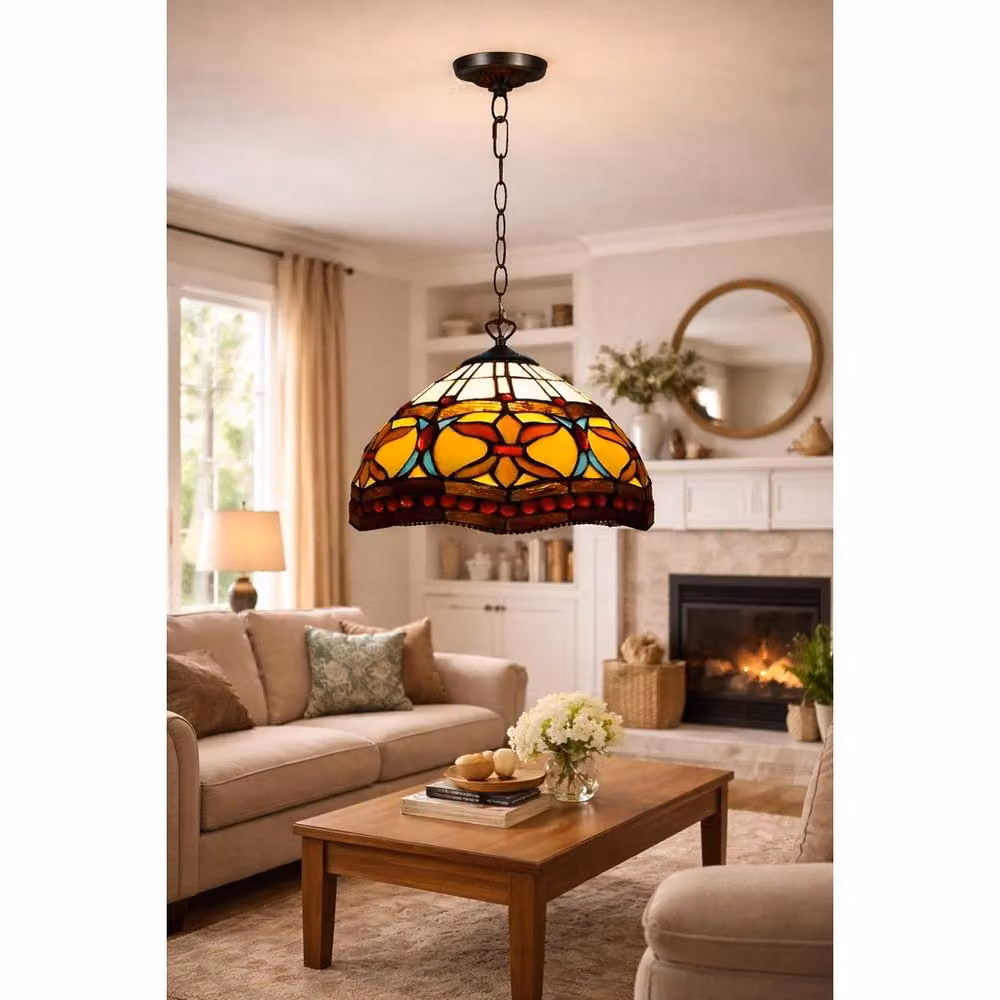 NESTLUNE Tiffany Style Handcrafted Stained Glass Pendant Lamp in Multicolour and Black – 3