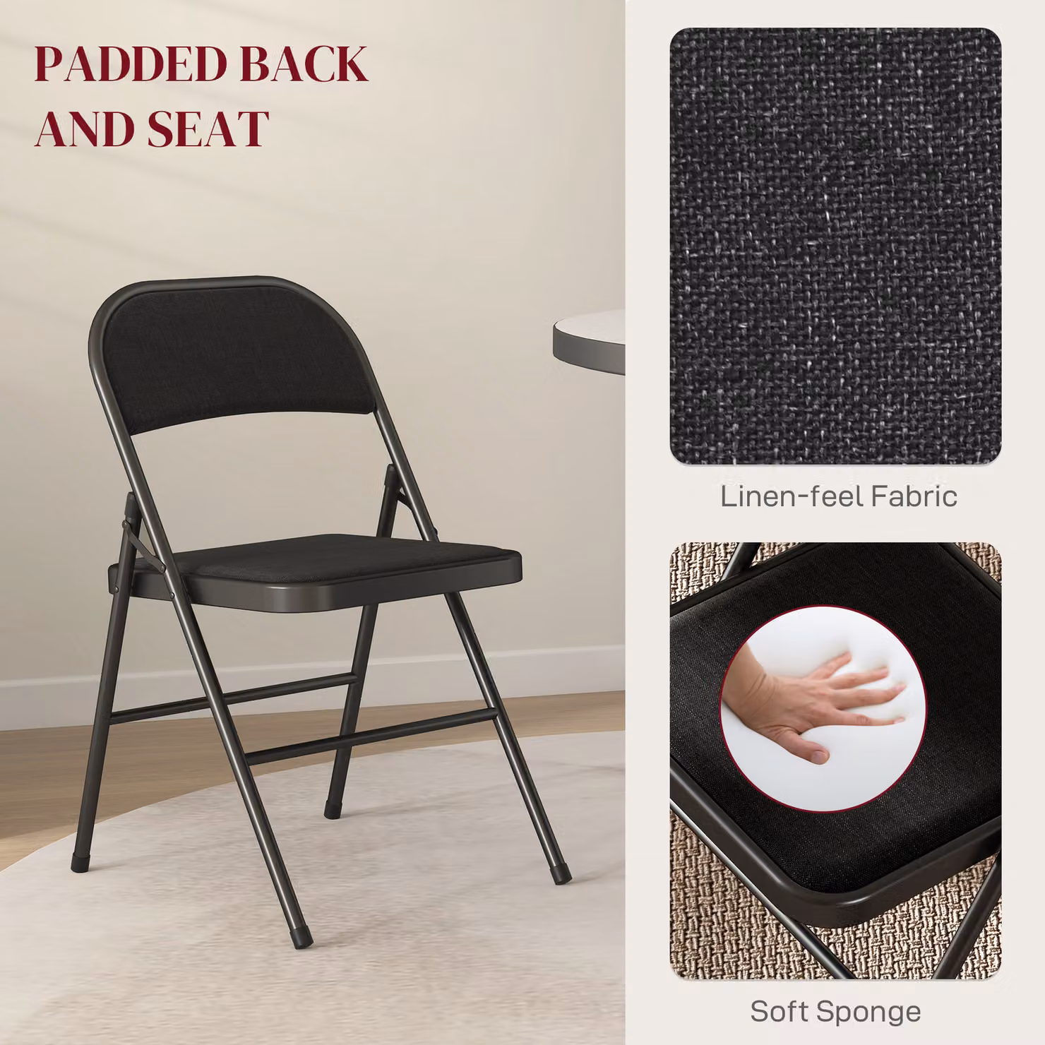HOMCOM Set of Four Modern Black Cushioned Steel Folding Chairs – 4