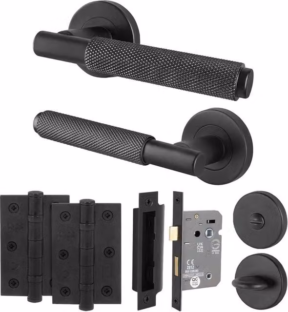 AFIT Matt Black Knurled Bathroom Door Handle and Hinges Set, W: 15.0 cm x H: 15.0 cm