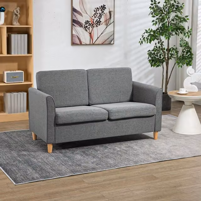 HOMCOM Grey Linen Upholstered Double Seat Loveseat Couch with Armrests and Solid Wood Frame – 1