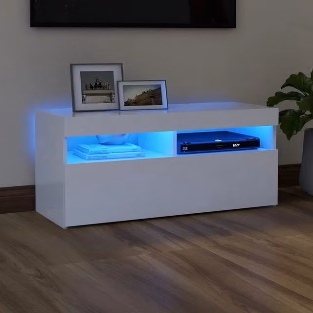 Berkfield Home Modern Glossy White TV Cabinet with LED Lights W/D/H: 90 x 35 x 40 cm